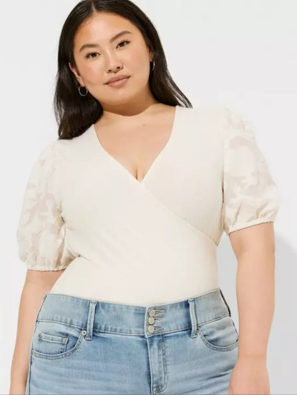 Torrid Cream Fitted Super Soft Rib V-Neck Novelty Sleeve Surplice Top Size 4X